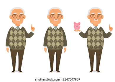 cute cartoon character of a friendly old man in green sweater, gesturing or holding a piggy bank. Funny illustration of a grandfather with mustache and glasses. Isolated on white.