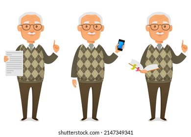 cute cartoon character of a friendly old man in green sweater, gesturing while holding a document, book or cell phone. Funny illustration of a grandfather with mustache and glasses.