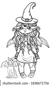 Cute cartoon character in full growth, dressed in attire for halloween, pretty baby witch with magic cat in pointed cap, dress and socks, with sharp ears and wings, with plump cheeks and smile.