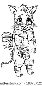 Cute cartoon character in full growth, adorable baby tiger with big eyes and nose, with fluffy eyelashes and pointed ears, in overalls and socks, with scarf and bow-knot, with a gift heart in a paw.