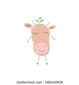 Cute cartoon character. Funny hand drawn soy bean with cow smiling face, horns, ears, closed eyes, legs and hands. Soy milk maker theme. Vector illustration.