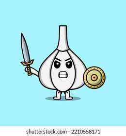Cute cartoon character Garlic holding sword and shield in modern style design