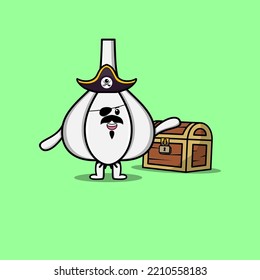 Cute cartoon character Garlic pirate with treasure box illustration in modern style design