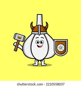 Cute cartoon character Garlic viking pirate with hat and holding hammer and shield