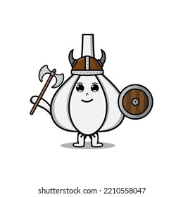 Cute Cartoon Character Garlic Viking Pirate With Hat And Holding Ax And Shield