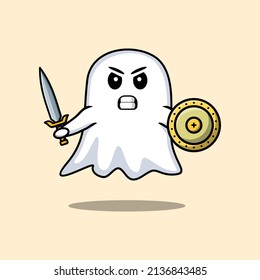 Cute cartoon character Ghost holding sword and shield in cute modern style