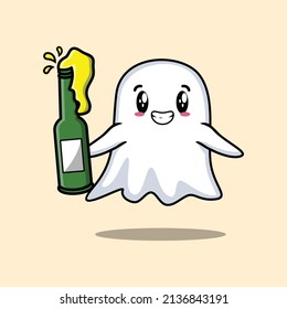 Cute cartoon character Ghost with soda bottle in modern cute style design