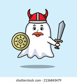 Cute cartoon character Ghost viking pirate with hat and holding sword and shield in cute modern style