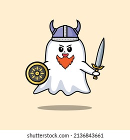 Cute cartoon character Ghost viking pirate with hat and holding sword and shield in cute modern style