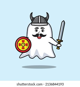 Cute cartoon character Ghost viking pirate with hat and holding sword and shield in cute modern style