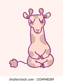 Cute cartoon character giraffe doing meditation, funny vector illustration. Tee card print graphic art.