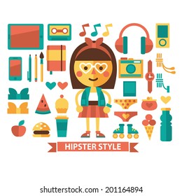 Cute cartoon character girl and her stuff vector illustration in flat style. Character and icons in flat style.