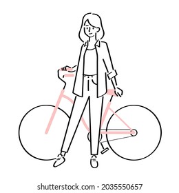 Cute Cartoon Character Girl Standing Next To Bike. Woman Bicycle Outline Drawing.