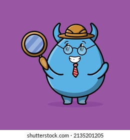 Cute cartoon character Goblin monster detective is searching with magnifying glass