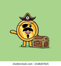 Cute cartoon character Gold coin pirate with treasure box in modern style design