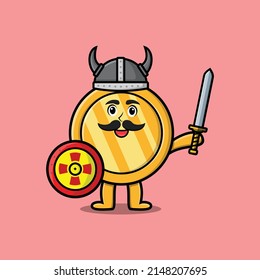Cute cartoon character Gold coin viking pirate with hat and holding sword and shield