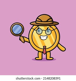 Cute cartoon character Gold coin detective is searching with magnifying glass and cute style design