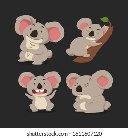 Cute cartoon character gray koala in differet poses set : sitting, climbing the tree, angry. vector illustration