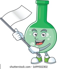 Cute cartoon character of green chemical bottle holding white flag