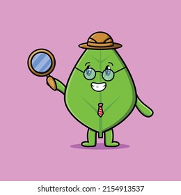 Cute cartoon character Green leaf detective is searching with magnifying glass and cute style 