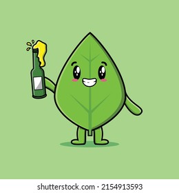 Cute cartoon character Green leaf with soda bottle in modern cute style design