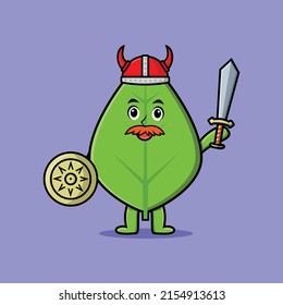 Cute cartoon character Green leaf viking pirate with hat and holding sword and shield