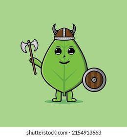 Cute Cartoon-Charakter Grünes Blätterpirat mit Hut und Halde-Axt und Schild in modernem Design