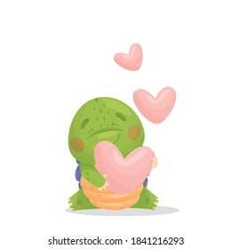 Cute cartoon character. A green turtle with a purple shell and a yellow tummy is sitting, smiling and holding a pink heart in her hands. Shares love. Isolated vector illustrations on white background.