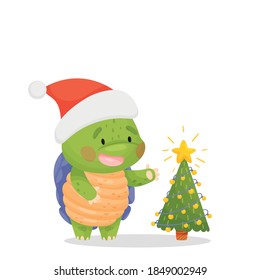 Cute cartoon character. A green turtle with a purple shell and a yellow tummy, stands in a New Year's cap near the Christmas tree. Isolated vector illustrations on white background.