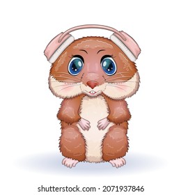 Cute cartoon character of a hamster wearing headphones and singing a song, funny brown rodent animal pet on a white background