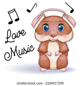 Cute cartoon character of a hamster wearing headphones and singing a song, funny brown rodent animal pet on a white background