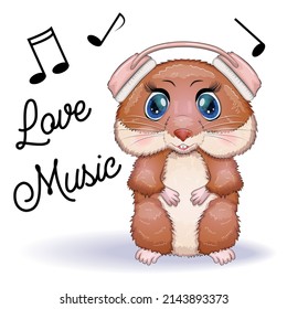 Cute cartoon character of a hamster wearing headphones and singing a song, funny brown rodent animal pet on a white background