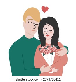 Cute cartoon character hand drawn adorable young couple with heart and flowers concept romantic vector illustration for Valentine’s day or birthday greeting card