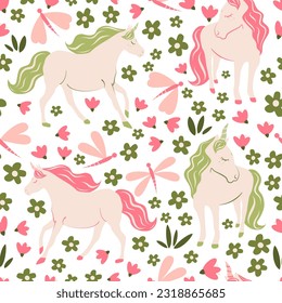 Cute cartoon character hand drawn pink and green unicorns seamless vector pattern background illustration with daisy flowers and dragonflies