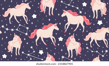 Cute cartoon character hand drawn pink unicorns seamless vector pattern background illustration with stars and constellations