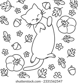 Cute cartoon character hand drawn cat with pumpkins, leaves, flowers and acorns funny holiday black and white vector illustration for coloring art