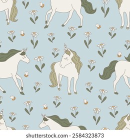 Cute cartoon character hand drawn green and white unicorns seamless vector pattern illustration with daisy flowers and bees on pastel blue background