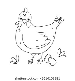 cute cartoon character hand drawn black and white hen and easter eggs in the meadow funny vector illustration for coloring art