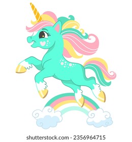 Cute cartoon character happy green unicorn with rainbow. Vector illustration isolated on a white background. Happy magic unicorn. For print, design, poster, sticker, card, t shirt, kids clothes