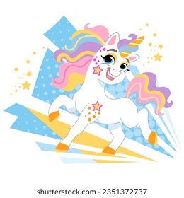 Cute cartoon character happy joyful unicorn with rainbow mane. Vector illustration isolated on a white background. Happy magic unicorn. For print, design, poster, sticker, card, decoration,t shirt