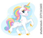 Cute cartoon character happy magic unicorn with rainbow mane and tail. Vector illustration isolated on a white background. For print, design, poster, sticker, card, decoration, kids clothes