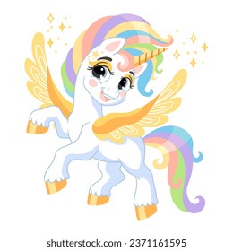 Cute Cartoon Charakter fröhliche magische Einhorn mit goldenen Flügeln und Regenbogenmane. Vektorgrafik einzeln auf weißem Hintergrund. Für Druck, Design, Plakat, Aufkleber, Karte, Dekoration, Kinderbekleidung