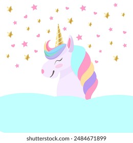 Cute cartoon character happy magic unicorn with rainbow mane and tail. Vector illustration isolated on a white background. For print, design, poster, sticker, card, decoration, kids birthday