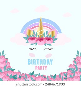 Cute cartoon character happy magic unicorn with rainbow mane and tail. Vector illustration isolated on a white background. For print, design, poster, sticker, card, decoration, kids birthday