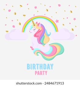 Cute cartoon character happy magic unicorn with rainbow mane and tail. Vector illustration isolated on a white background. For print, design, poster, sticker, card, decoration, kids birthday