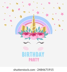 Cute cartoon character happy magic unicorn with rainbow mane and tail. Vector illustration isolated on a white background. For print, design, poster, sticker, card, decoration, kids birthday