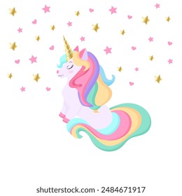 Cute cartoon character happy magic unicorn with rainbow mane and tail. Vector illustration isolated on a white background. For print, design, poster, sticker, card, decoration, kids birthday