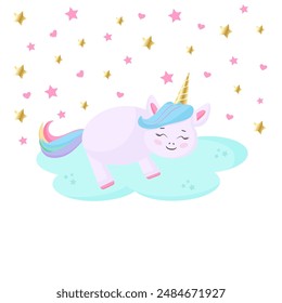 Lindo personaje de dibujos animados feliz unicornio mágico con melena de arco iris y cola. Ilustración vectorial aislada sobre un fondo blanco. Para impresión, diseño, póster, etiqueta engomada, tarjeta, decoración, cumpleaños de los niños