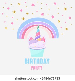 Cute cartoon character happy magic unicorn with rainbow mane and tail. Vector illustration isolated on a white background. For print, design, poster, sticker, card, decoration, kids birthday