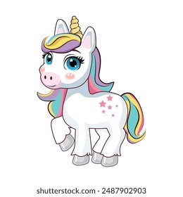 Cute cartoon character happy magic unicorn with rainbow mane and tail. Vector illustration isolated on a white background. For print, design, poster, sticker, card, decoration, kids clothes